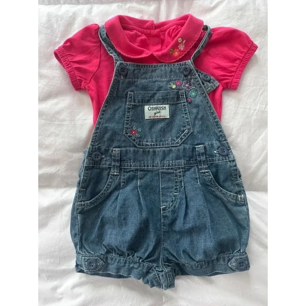 VTG OshKosh B’gosh Girl Denim Bubble Shortalls Embroidered Floral Romper 18m